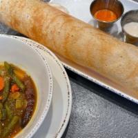 Masala Dosa · Vegan, gluten free. Stuffing of spiced potatoes contains red chilies.