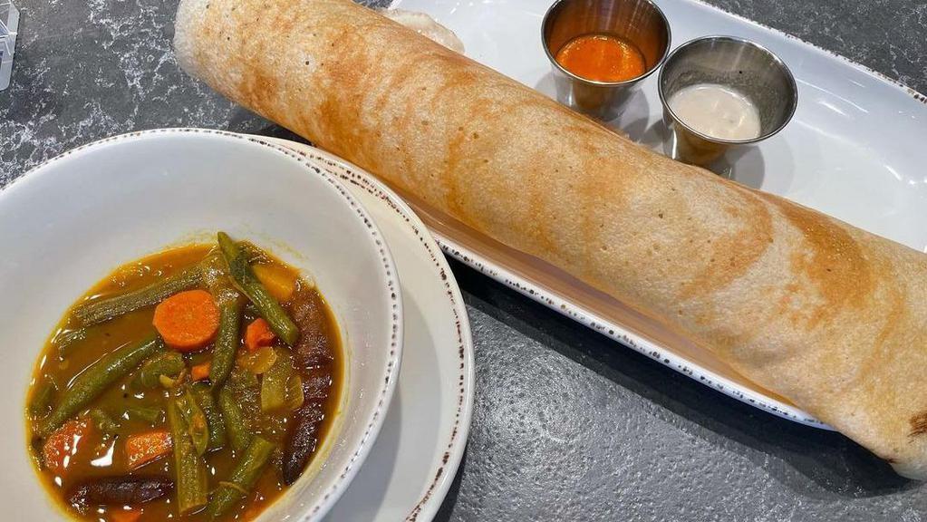 Masala Dosa · Vegan, gluten free. Stuffing of spiced potatoes contains red chilies.