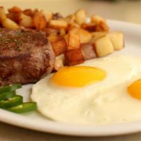 Steak & Eggs · Seasoned grilled sirloin with two. eggs any style, skillet potatoes and an. Everything muffin