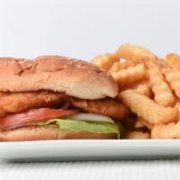 Chicken Sandwich · Lettuce, tomatoes, onions and mayo. Served with small soup, salad or fries.