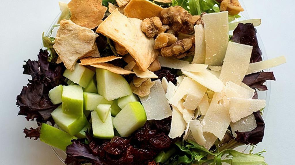 Pure Michigan · Spring Mix, Shaved Parmesan, Candied Walnuts, Dried Michigan Cherries, Apples, Pita Chips, suggested with Balsamic Vinaigrette