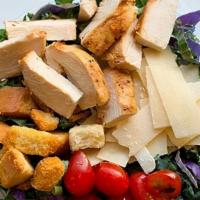 Kale Caesar · Kale, Roasted Chicken, Parmesan Cheese, Grape Tomatoes, Croutons, suggested with Caesar Dres...