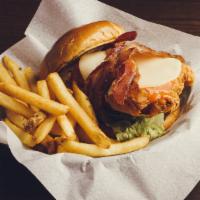 The Firebird · Hand battered & fried chicken breast, Buffalo sauce, smoked bacon, provolone cheese, chipotl...