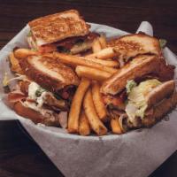 Clubhouse · Pulled chicken, shaved ham, smoked bacon, american, Swiss, honey mustard, mayo, lettuce & to...
