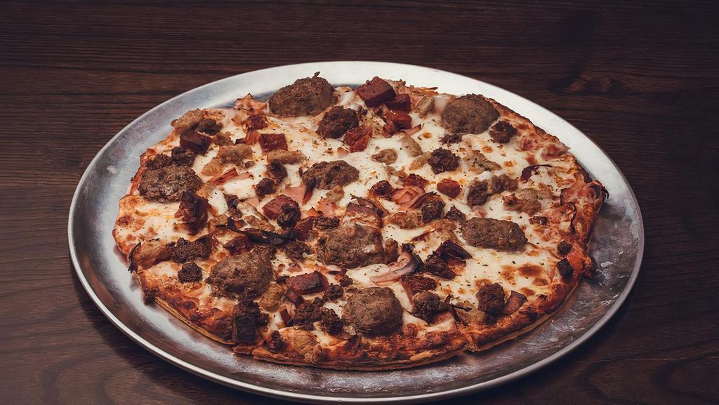 The Meateor Pizza · Marinara, meatballs, rough cut pepperoni, Italian sausage, ground beef, ham & mozzarella.