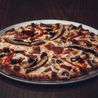 Tavern Deluxe Pizza · Marinara, rough cut pepperoni, Italian sausage, red bell peppers, red onions, portabella mus...