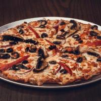 The Herbivore Pizza · Marinara, portabella mushrooms, red bell peppers, red onions, tomato, black olives, mozzarel...