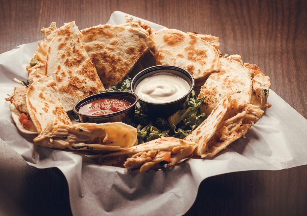 Chicken Quesadillas · Pulled chicken, pico de gallo & white cheddar cheese grilled between flour tortillas. Served with a side of sour cream & salsa.