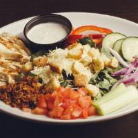 Chicken House Salad · Choice of grilled, fried or Buffalo chicken, shredded romaine lettuce, bacon bits, white che...
