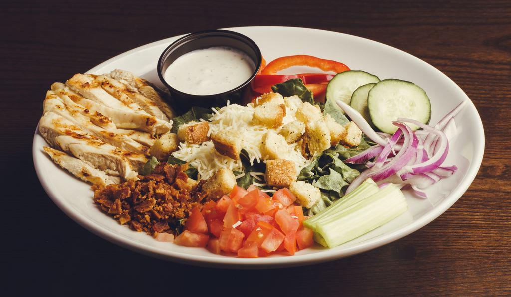 Chicken House Salad · Choice of grilled, fried or Buffalo chicken, shredded romaine lettuce, bacon bits, white cheddar cheese, tomato, red onion, red bell pepper, cucumber, celery, carrots, croutons & choice of dressing.