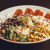 Fiesta Bowl · Choice of meat, cilantro lime rice, black beans, fire-roasted corn, shredded lettuce, white ...