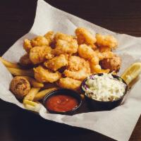 Shrimp + Chips · 1/2 pound of hand battered & fried shrimp with fries, coleslaw, hushpuppies, cocktail sauce ...