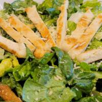 Chicken Caesar Salad (Salade Cesar) · Chicken over Romaine & croutons, Caesar Dressing, Parmesan cheese.