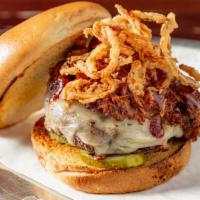 C. Burger · Half pound burger with pepper jack cheese, slowed cooked KC BBQ pulled pork topped with frie...