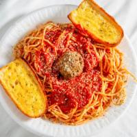 Spaghetti · Served with homemade marinara sauce, a side salad, breadstick and Parmesan cheese. Add meatb...