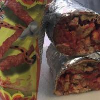 Hot Cheeto Burrito  · Hot Cheetos with choice of meat which includes nacho cheese, lettuce, tomatoes, cilantro and...
