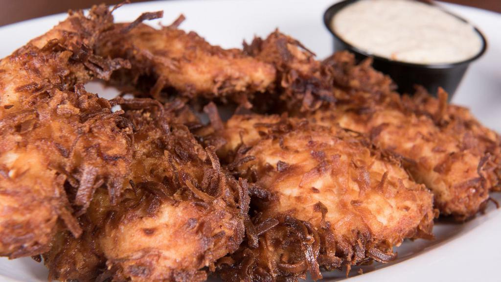Coconut Chicken Fingers · Chicken tenders with crunchy coconut coating. Served with creole mustard mayo or plum sauce.