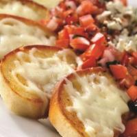 Bruschetta · Toasted garlic rounds topped with melted mozzarella and parmesan cheeses. Served with olivet...