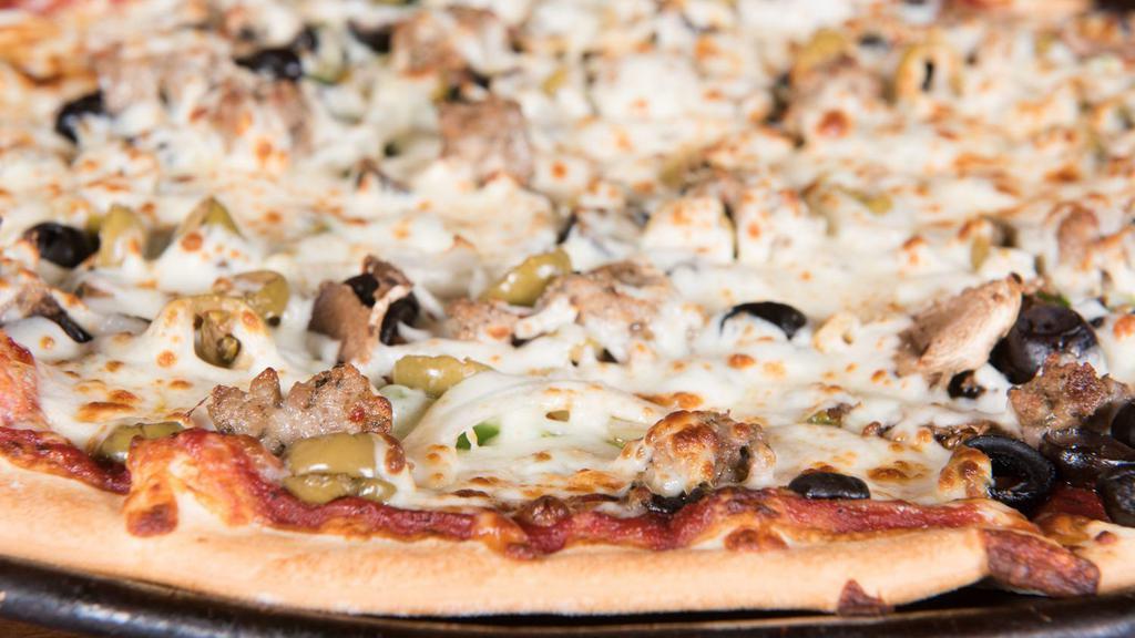 Extreme Supreme · Sausage, pepperoni, Canadian bacon, mushrooms, onions, green peppers, and black and green olives. Not available as deep dish.