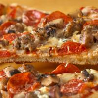 Il Primo Pizza · Italian sausage, pepperoni, roasted portobello mushrooms, red sauce, and a quattro formaggi ...