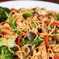 Eating Fit! Chicken Stir Fry Salad · Romaine, marinated chicken, broccoli, water chestnuts, pea pods, red peppers, red onions, mu...