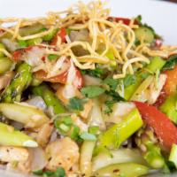 Eating Fit! Chicken Asparagus Stir Fry Bowl · Chicken, asparagus, cabbage, red bell peppers, celery, and onions tossed in a sesame stir fr...