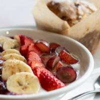 Berry Yogurt Bowl · Organic vanilla yogurt, sliced fruit, granola and a swirl of our homemade berry jam, served ...