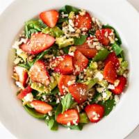 Berry Avocado Salad · Lighter options. Fresh greens with extra spinach, strawberries, avocado, feta and candied wa...
