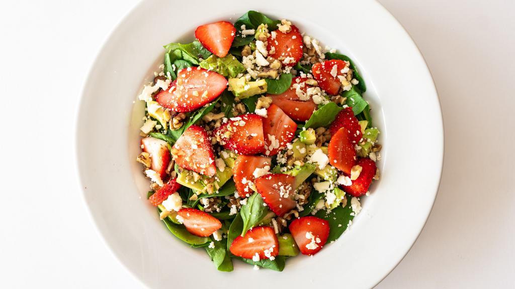 Berry Avocado Salad · Lighter options. Fresh greens with extra spinach, strawberries, avocado, feta and candied walnuts, served with red wine vinaigrette.