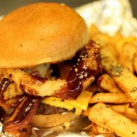 Cowboy Steve Burger · Cheddar cheese, bacon, onion rings, BBQ.