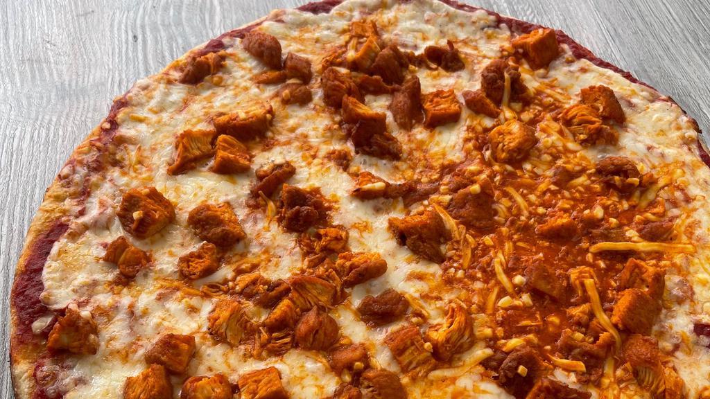 Buffalo Chicken Pizza · Thin crust with our classic red sauce, loaded with mozzarella cheese and sliced chicken marinated in buffalo sauce and your choice of a drizzle of blue cheese dressing or ranch.