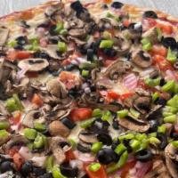Primo Veggie Pizza · Vegetarian. Thin crust pizza with our classic red sauce, black olives, green peppers, mushro...