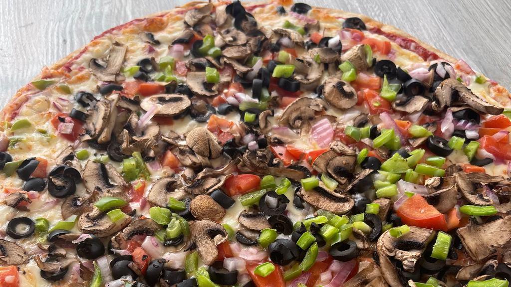 Primo Veggie Pizza · Vegetarian. Thin crust pizza with our classic red sauce, black olives, green peppers, mushrooms, onions, and fresh basil and tomatoes.