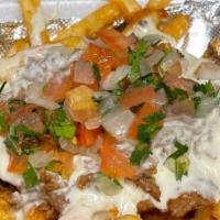 Zapata'S  Fries · Loaded with  pico de gallo, cheese dip, sour cream, jalapenos, and shredded cheese. and your...