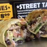Street Burritos · A flour tortilla, stuffed with rice, black beans, lettuce, cheese sour, cream, green peppers...