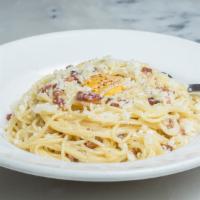 Gluten Free Spaghetti Alla Carbonara · Pancetta, black pepper, onions, egg yolk