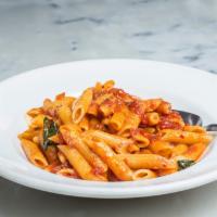 Penne Alla Arrabiata · Spicy tomato sauce, toasted garlic, and sweet basil.