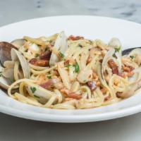 Linguine & Clams · Linguine, littleneck clams, EVOO, and pancetta.