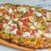 Gluten Free Pesto Shrimp Pizza · Roasted tomato, goat cheese
