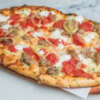Gluten Free Sausage Pizza · Banana peppers, onions, tomato, mozzarella