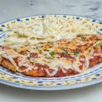 Chicken Parmesan · Linguine, alfredo, and tomato marinara.