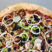 Supreme Pizza · Cheese, pepperoni, sausage, green pepper, onion, mushroom, and olives