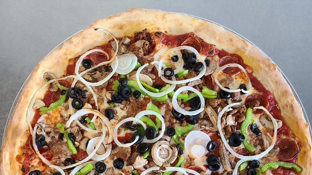 Supreme Pizza · Cheese, pepperoni, sausage, green pepper, onion, mushroom, and olives