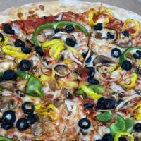 Veggie Pizza · Cheese, onion, green pepper, mushroom, black olive, and banana peppers
