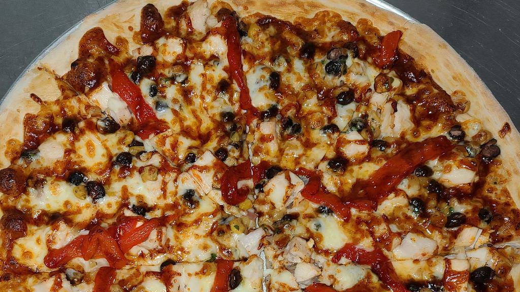 Bbq Chicken Pizza · BBQ sauce, chicken, black bean corn salsa, cheese, roasted red peppers.