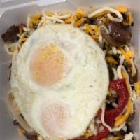 Skillets - Steak Fajita(G & R Peppers, Onions ) · Served Over hash Browns, with Cheese , 2 Eggs (any style)