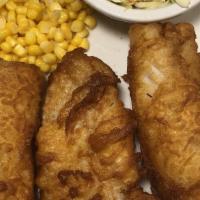 Fish Fry - 3 Pc Baked Cod · Served With Soup or Salad, Corn, Coleslaw & Choice of Potato