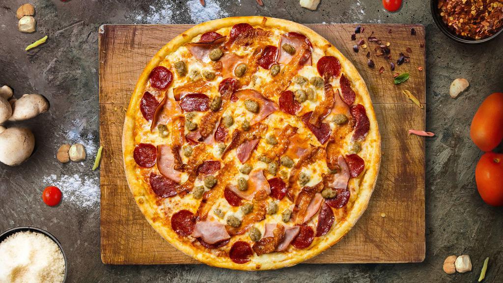 Meat Maintenance Pizza  · Our famous house made dough topped with red sauce, pepperoni, beef sausage, canadian bacon, and our house cheese blend