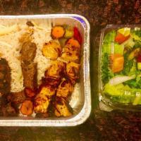Mezza Combo For Two · 1 kebab, 2 chicken kebabs and 3 kofta. Served with rice or potatoes and soup or salad.