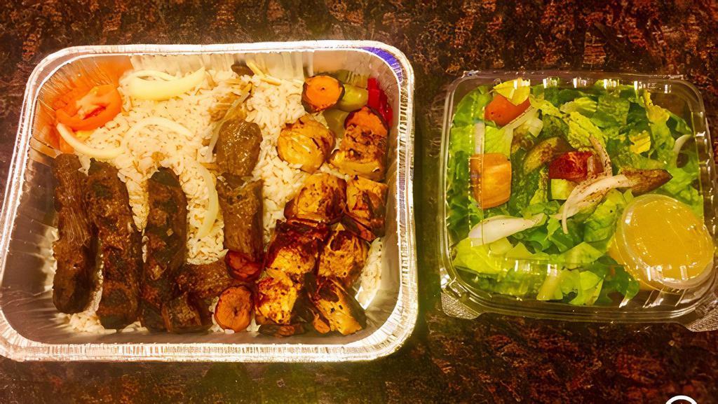 Mezza Combo For Two · 1 kebab, 2 chicken kebabs and 3 kofta. Served with rice or potatoes and soup or salad.